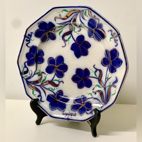 19th Century Vtg Gaudy Ironstone 10 Sided Flow Blue Copper Lusterware Plate - Picture 6 of 15